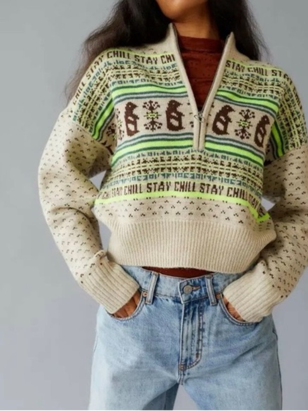 Urban Outfitters BDG Jesse Half Zip Sweater Brown, Yellow Penguins Size M